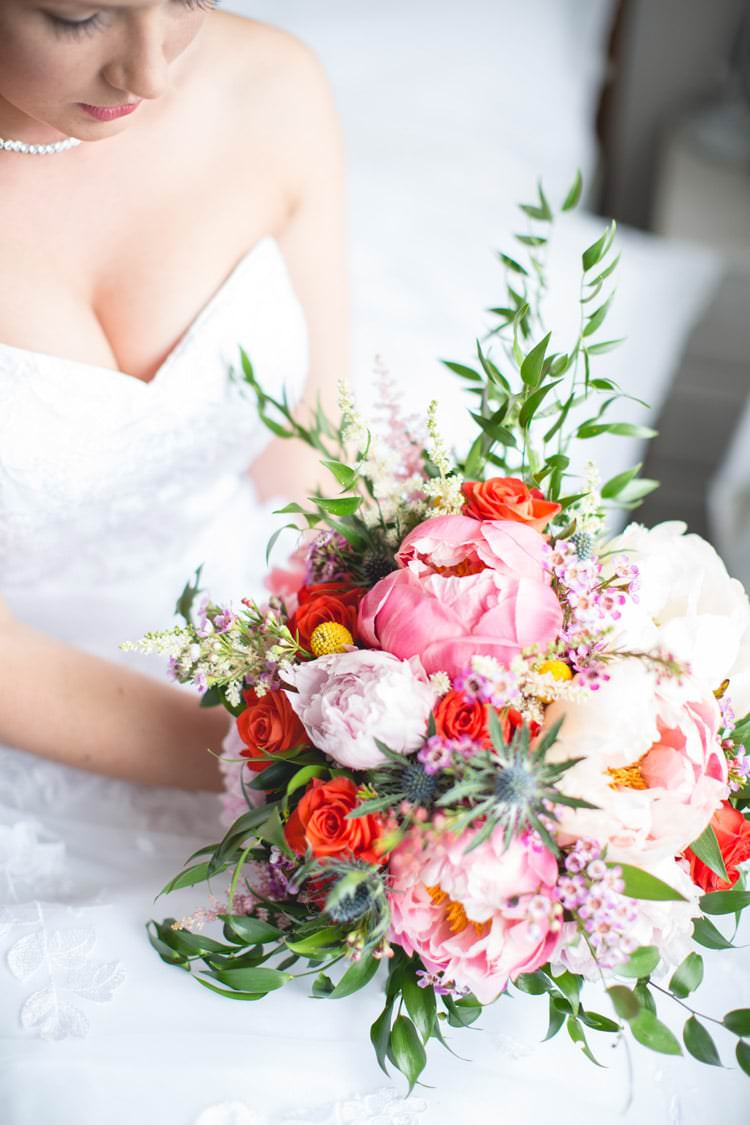 Whimsical Bouquet Coral Pink Peony Peonies Billy Ball Astilbe Flowers Bride Bridal Family Farm Festival Wedding https://amylouphotography.co.uk/