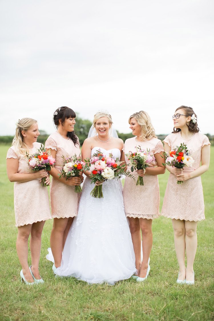 Short Lace Blush Bridesmaid Dresses Family Farm Festival Wedding https://amylouphotography.co.uk/