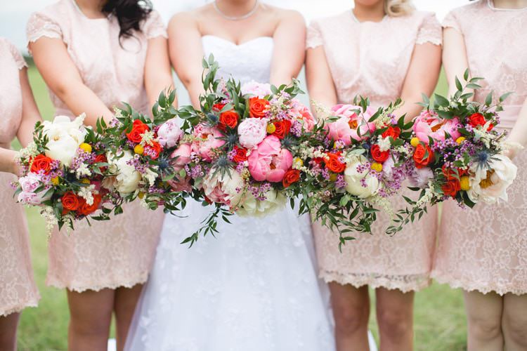 Whimsical Bouquet Coral Pink Peony Peonies Billy Ball Astilbe Flowers Bride Bridal Bridesmaids Family Farm Festival Wedding https://amylouphotography.co.uk/