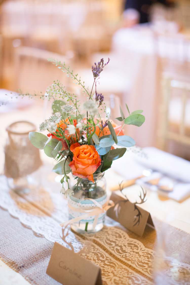 Jar Flowers Coral Rose Hessian Lace Table Runner Cloth Family Farm Festival Wedding https://amylouphotography.co.uk/