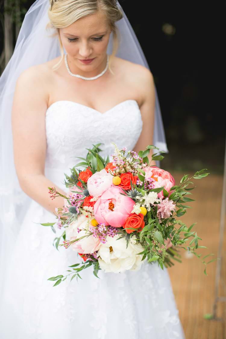 Whimsical Bouquet Coral Pink Peony Peonies Billy Ball Astilbe Flowers Bride Bridal Family Farm Festival Wedding https://amylouphotography.co.uk/