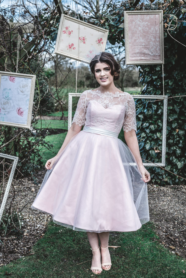 Short Pink Dress Lace Sleeves Tulle Bride Bridal Louise Rose Couture Fun 1950s Pastel Wedding Ideas http://www.bernipalumbo.com/