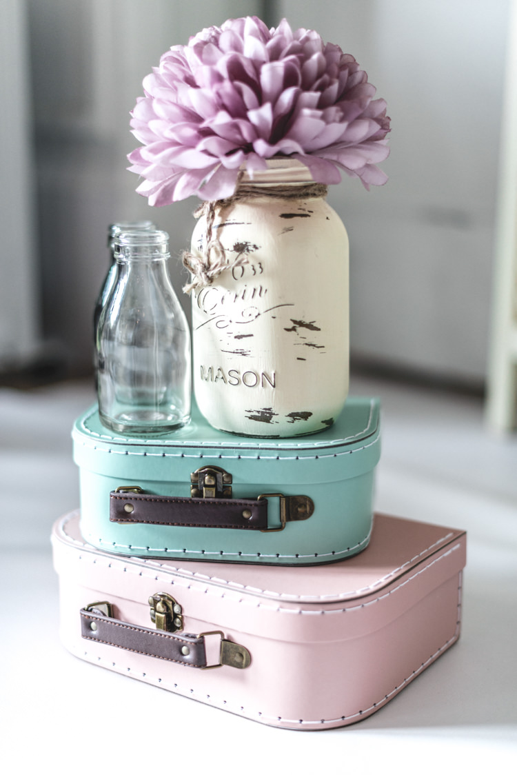 Painted Mason Jar Flowers Suitcases Fun 1950s Pastel Wedding Ideas http://www.bernipalumbo.com/