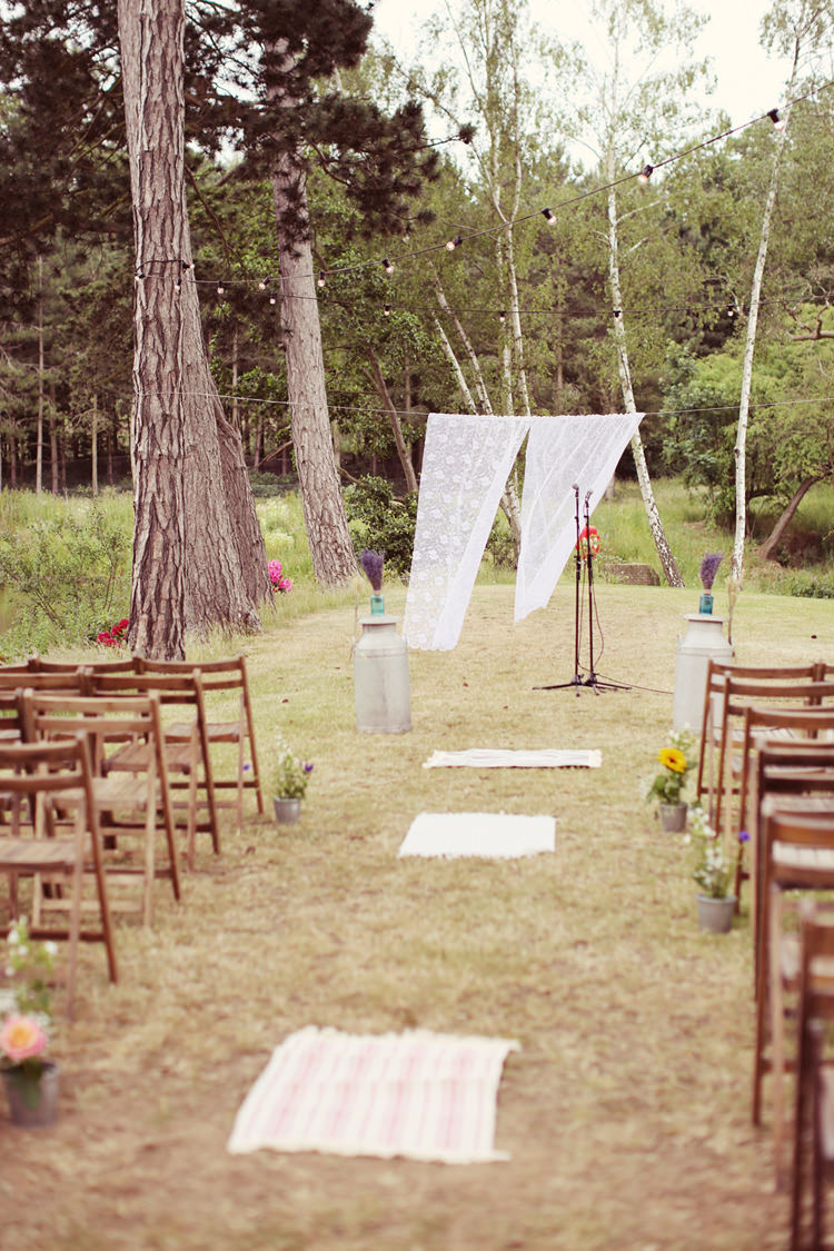 Aisle Ceremony Lace Backdrop Outdoor Mismatched Fairground Woodland Wedding http://www.rebeccaweddingphotography.co.uk/