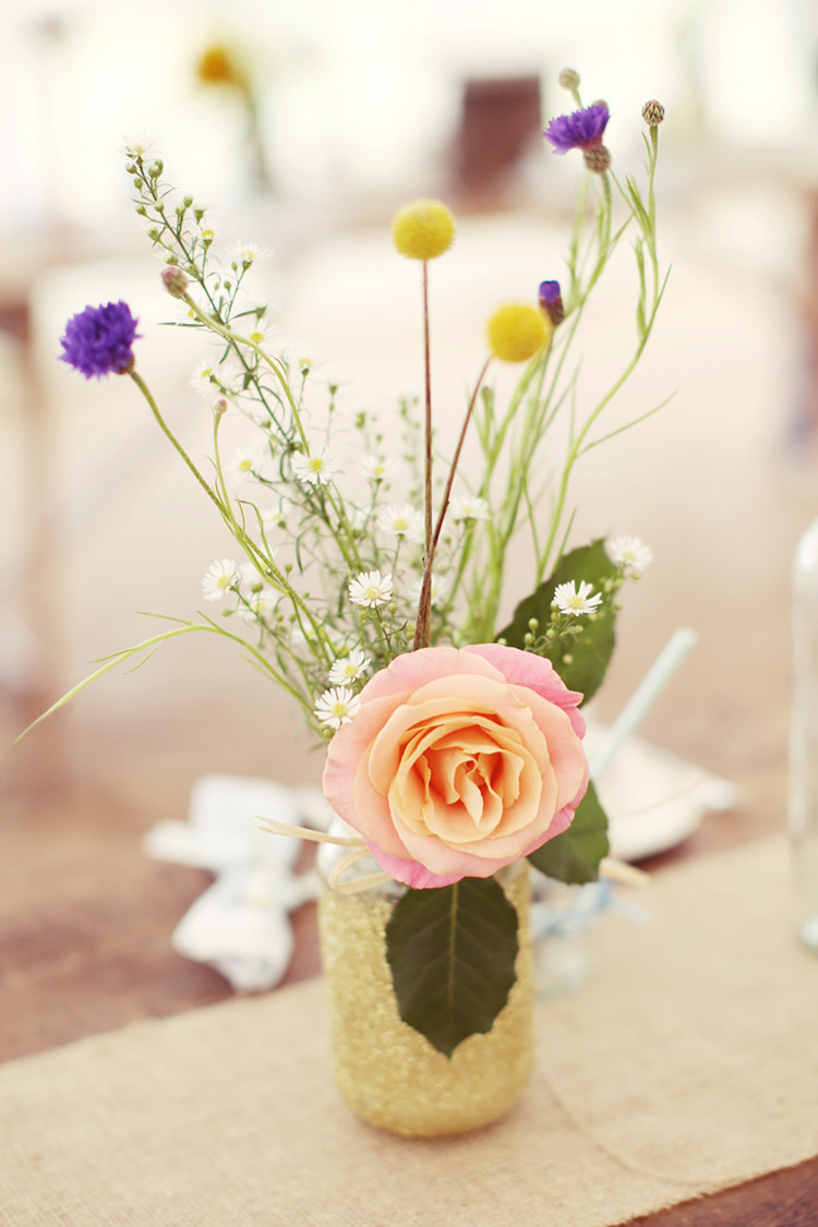 Gold Glitter Jar Flowers Decor Centrepiece Table Mismatched Fairground Woodland Wedding http://www.rebeccaweddingphotography.co.uk/