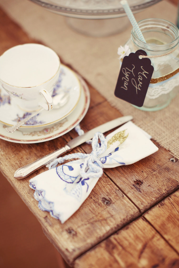 Napkins Tea Cups Hessian Decor Tables Mismatched Fairground Woodland Wedding http://www.rebeccaweddingphotography.co.uk/