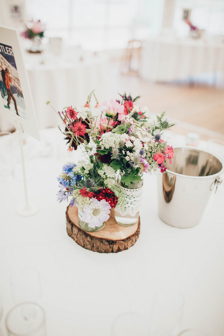 Jar Flowers Log Centrepiece Decor Tables Summertime Pastel English Country Garden Wedding http://alipaul.com/
