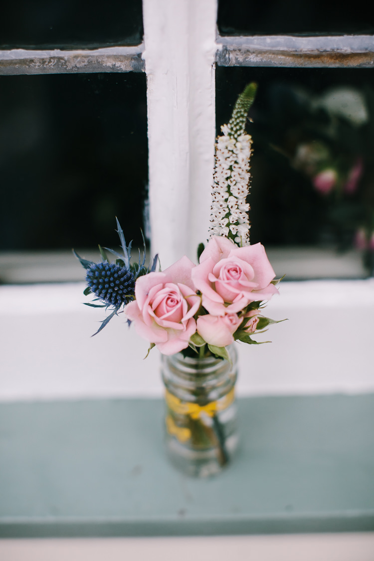 Jar Flowers Roses Thistle Indie Secret Seaside Wedding http://www.chrisbarberphotography.co.uk/ 