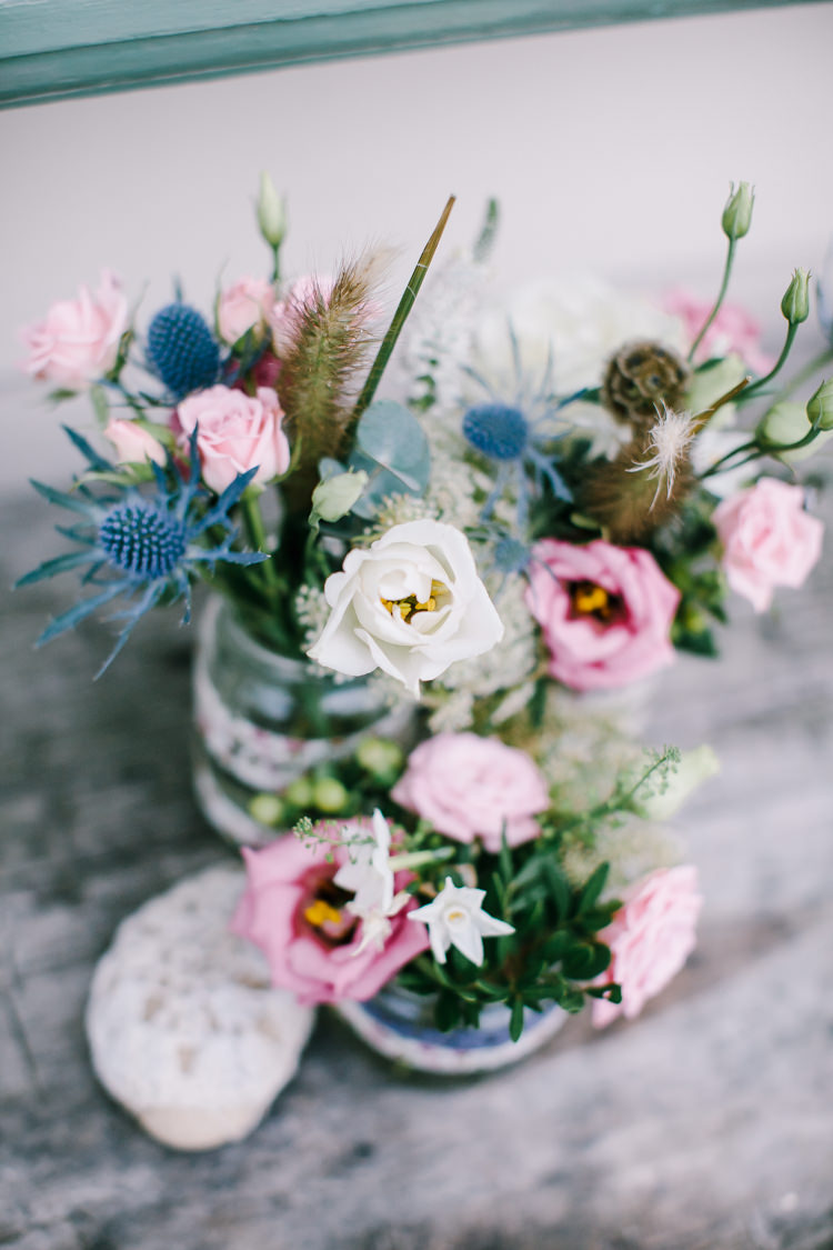 Jar Flowers Roses Thistle Pink Blue Indie Secret Seaside Wedding http://www.chrisbarberphotography.co.uk/ 
