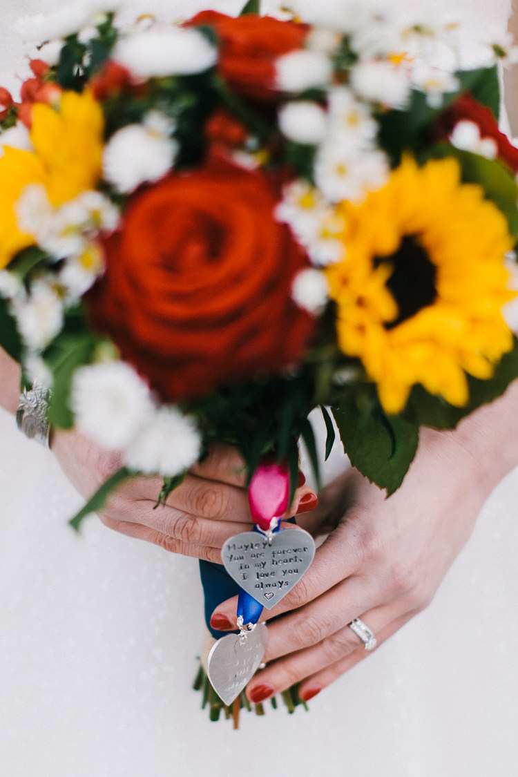 Red Roses Yellow Sunflower Bouquet Flowers Charms Loved Ones Indie Secret Seaside Wedding http://www.chrisbarberphotography.co.uk/ 