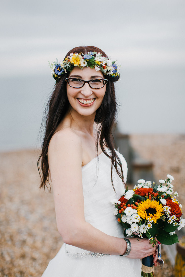 Flower Crown Glasses Bouquet Bride Bridal Indie Secret Seaside Wedding http://www.chrisbarberphotography.co.uk/