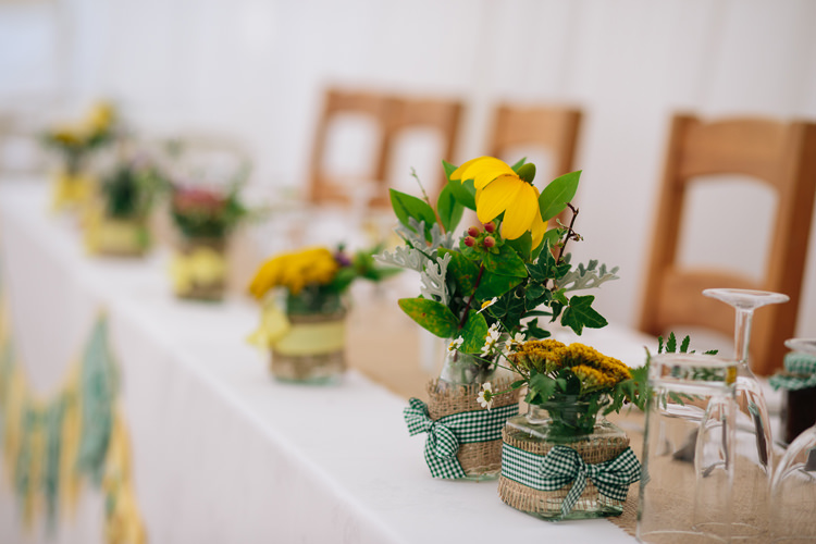 Hessian Burlap Jar Flowers Top Table Home Made Yellow Country Garden Wedding http://kathrynedwardsphotography.com/
