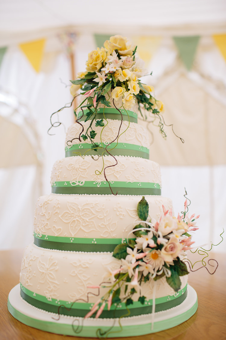 Vintage Cake Flowers Ribbon Home Made Yellow Country Garden Wedding http://kathrynedwardsphotography.com/