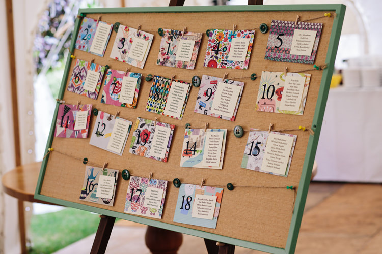 Fabric Hessian Burlap Twine Button Seating Table Plan Chart Home Made Yellow Country Garden Wedding http://kathrynedwardsphotography.com/