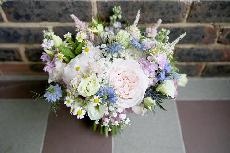 Peony Rose Daisy Gypsophila Bouquet Flowers Bride Bridal Pink Blue Sweet Pastel Village Hall Wedding http://www.helenstrongphotography.co.uk/