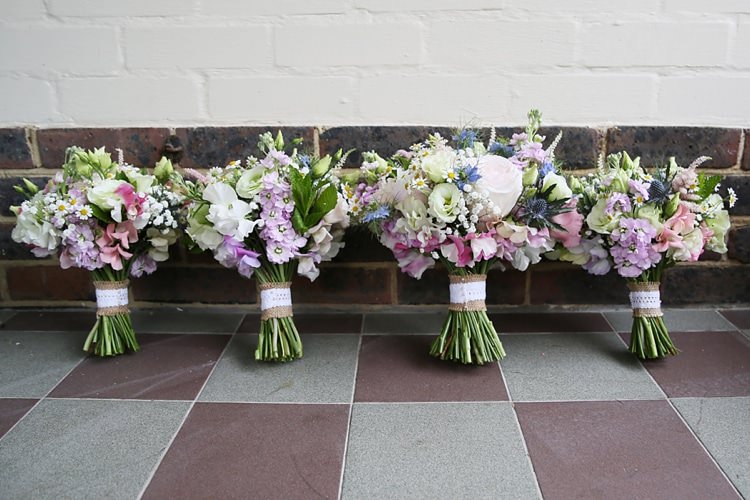 Peony Rose Daisy Gypsophila Bouquet Flowers Bride Bridal Pink Blue Bridemaids Sweet Pastel Village Hall Wedding http://www.helenstrongphotography.co.uk/