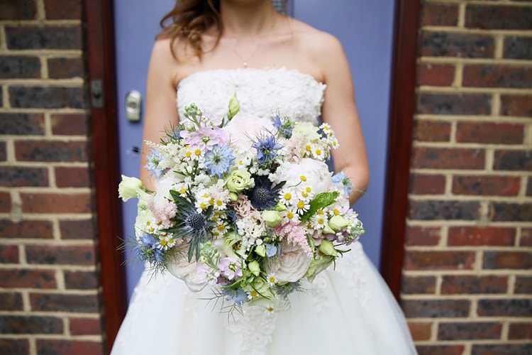 Peony Rose Daisy Gypsophila Bouquet Flowers Bride Bridal Pink Blue Sweet Pastel Village Hall Wedding http://www.helenstrongphotography.co.uk/