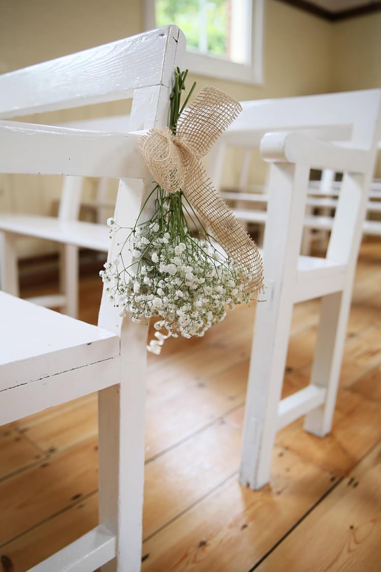 Pew End Chairs Hessian Burlap Gyp Gypsophila Baby Breath Sweet Pastel Village Hall Wedding http://www.helenstrongphotography.co.uk/