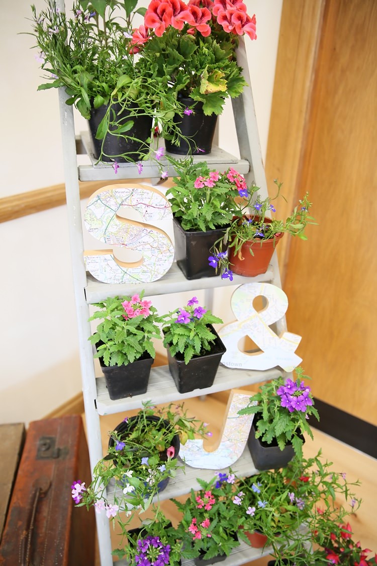 Ladder Decor Potted Plants Sweet Pastel Village Hall Wedding http://www.helenstrongphotography.co.uk/