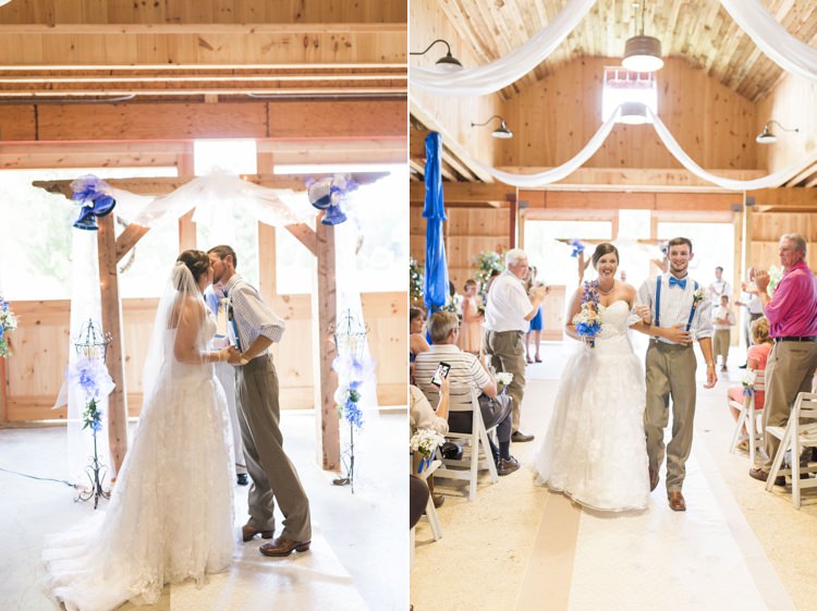 Husband and Wife Kiss Royal Blue Ceremony Decor Rustic Country Barn Wedding in Tennessee https://www.sweetlyvintage.com/