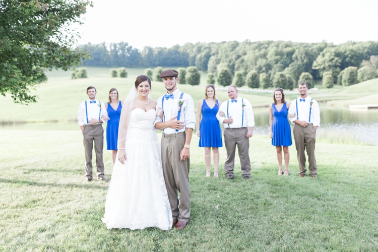 Bride Lace Sweetheart Gown Groom Royal Blue Bridal Party Rustic Country Barn Wedding in Tennessee https://www.sweetlyvintage.com/