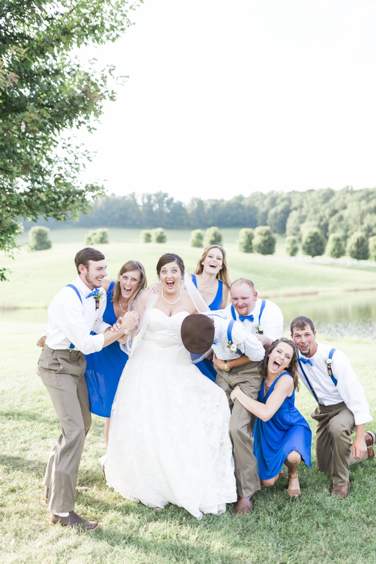 Bride Lace Sweetheart Gown Groom Royal Blue Bridal Party Fun Rustic Country Barn Wedding in Tennessee https://www.sweetlyvintage.com/