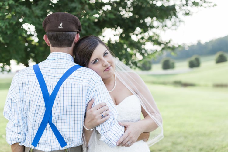 Bride Lace Sweetheart Bridal Gown Groom Royal Blue Suspenders Rustic Country Barn Wedding in Tennessee https://www.sweetlyvintage.com/