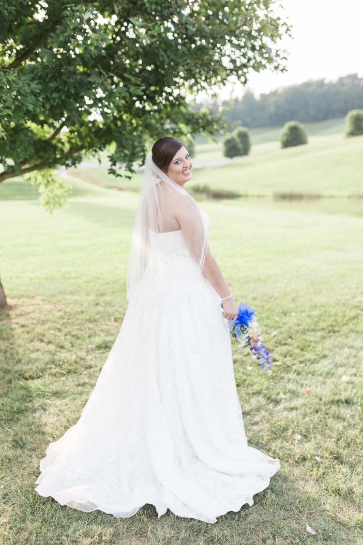 Bride Lace Sweetheart Bridal Gown Royal Blue Bouquet Rustic Country Barn Wedding in Tennessee https://www.sweetlyvintage.com/