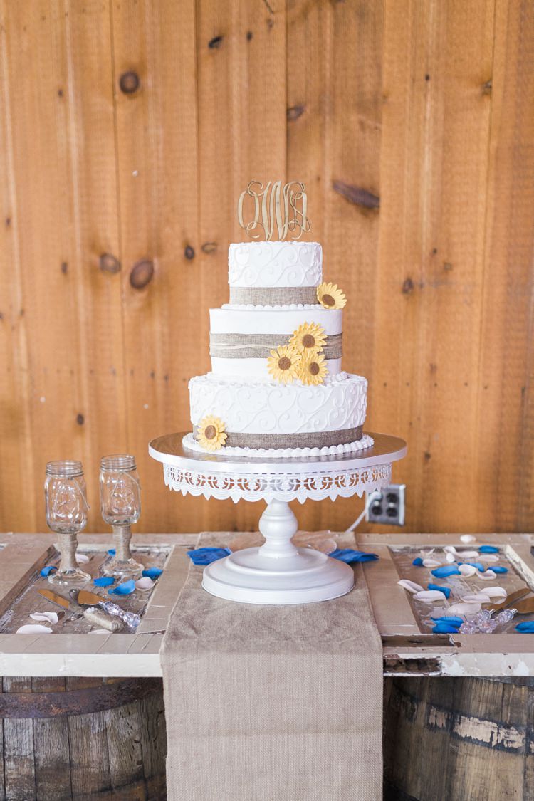 Cake Sunflower Monogram Topper Royal Blue Rustic Country Barn Wedding in Tennessee https://www.sweetlyvintage.com/