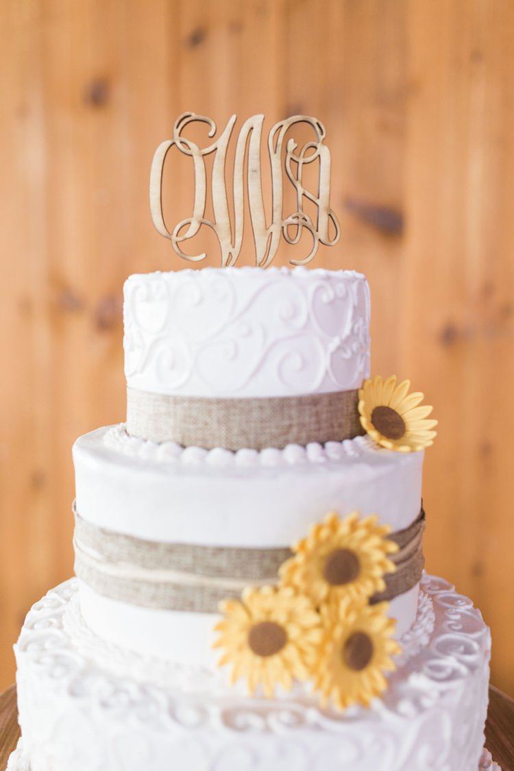 Sunflower Cake Monogram Topper Rustic Country Barn Wedding in Tennessee https://www.sweetlyvintage.com/