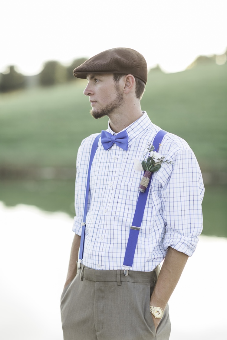 Groom Royal Blue Bow Tie Suspenders Boutonniere Rustic Country Barn Wedding in Tennessee https://www.sweetlyvintage.com/