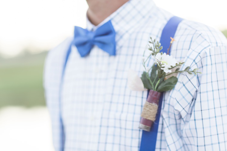 Groom Royal Blue Bow Tie Suspenders Boutonniere Rustic Country Barn Wedding in Tennessee https://www.sweetlyvintage.com/ 