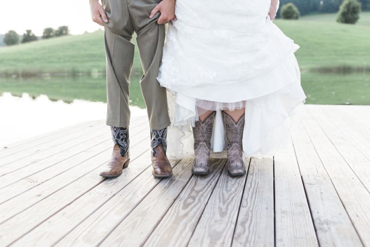 Bride Lace Sweetheart Bridal Gown Groom Cowboy Boots Rustic Country Barn Wedding in Tennessee https://www.sweetlyvintage.com/