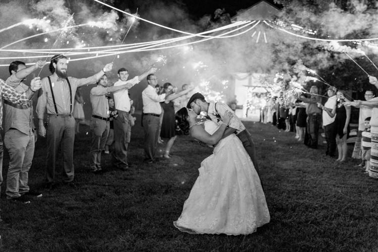 Bride Lace Sweetheart Bridal Gown Groom Kiss Sparklers Rustic Country Barn Wedding in Tennessee https://www.sweetlyvintage.com/