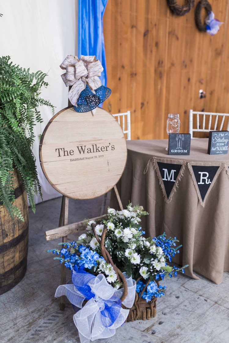 Royal Blue Flower Basket Banner Rustic Country Barn Wedding in Tennessee https://www.sweetlyvintage.com/
