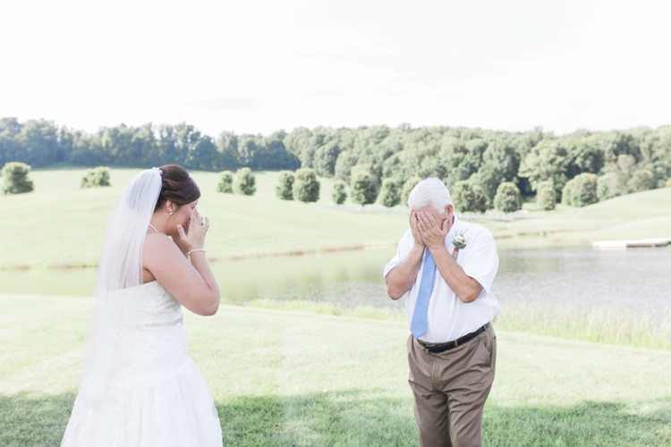 Bride Lace Sweetheart Bridal Gown Father First Look Rustic Country Barn Wedding in Tennessee https://www.sweetlyvintage.com/