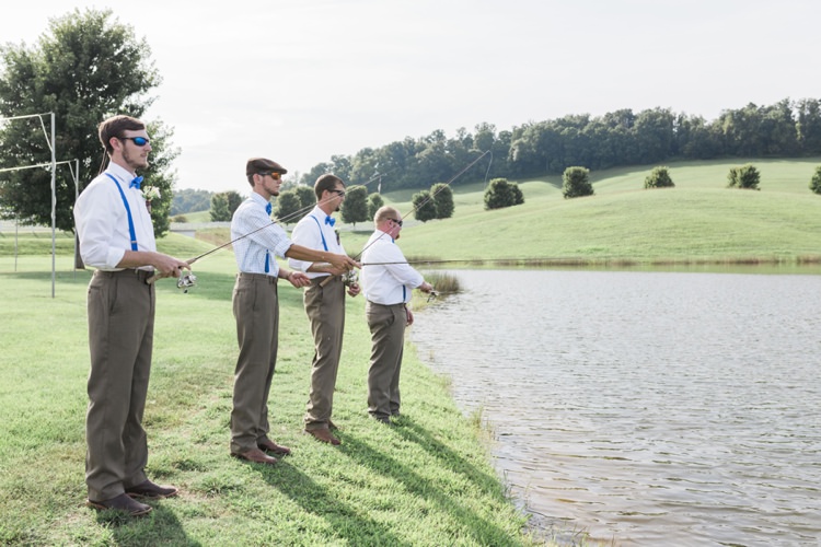 Groom Groomsmen Royal Blue Bow Tie Suspenders Fishing Rustic Country Barn Wedding in Tennessee https://www.sweetlyvintage.com/ 
