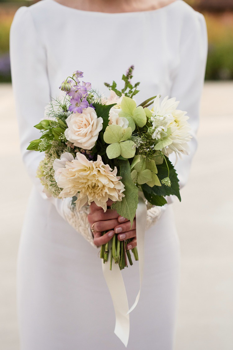 Bouquet Flowers Cream White Dahlia Ribbon Rose Bride Bridal Modern Quirky Country Art Gallery Wedding http://www.babbphoto.com/