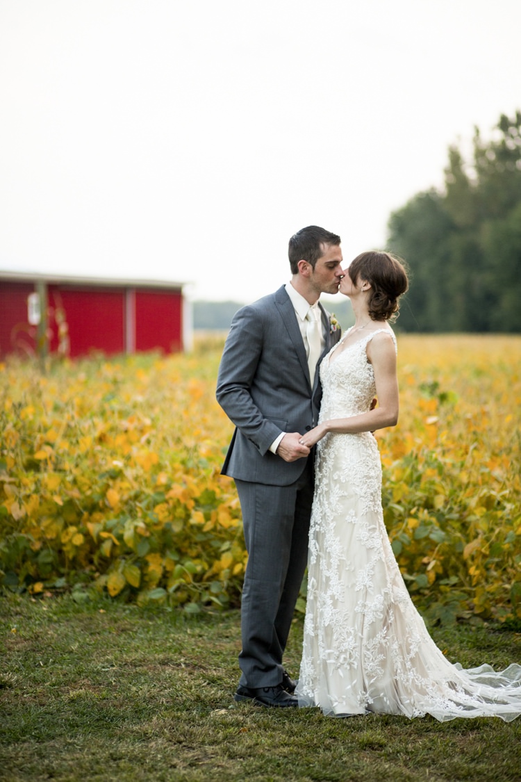 Outdoors Yellow Bean Field Trees Groom Bride Beaded Lace V-Neck Bridal Gown Country Farm Barn Wedding Ohio http://www.caseyclarkphotography.net/ 