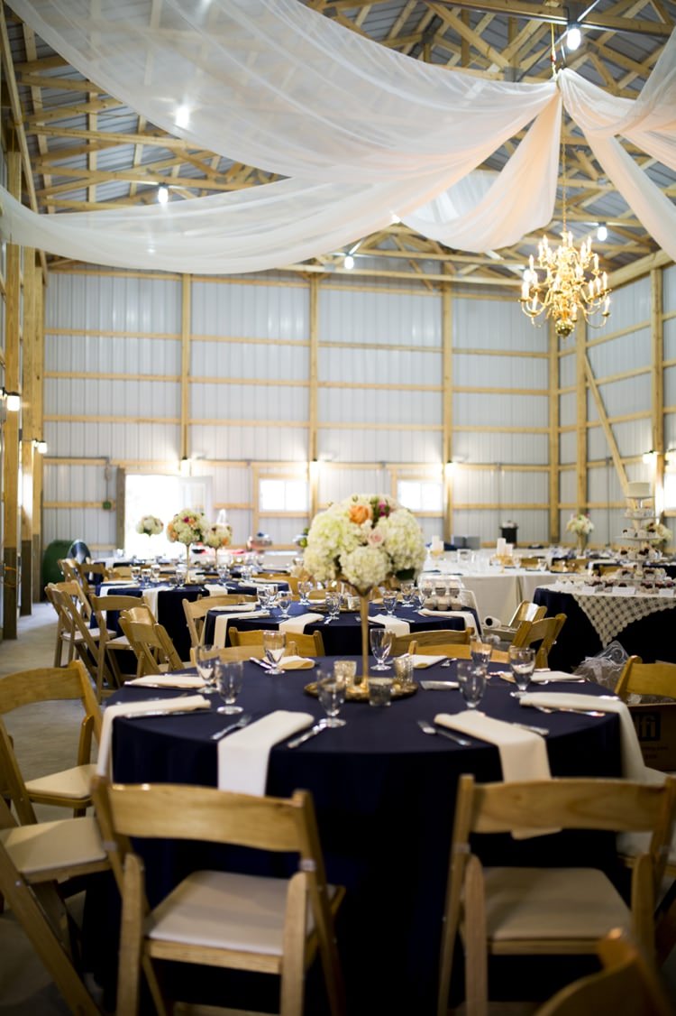 Reception Hanging Chandelier Tulle Navy Blue White Table Settings Flower Centrepieces Rose Hydrangea Country Farm Barn Wedding Ohio http://www.caseyclarkphotography.net/