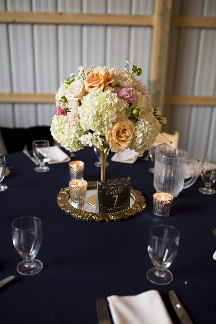 Flower Centrepieces Peach Pink White Rose Hydrangea Navy Gold Table Settings Candles Reception Country Farm Barn Wedding Ohio http://www.caseyclarkphotography.net/