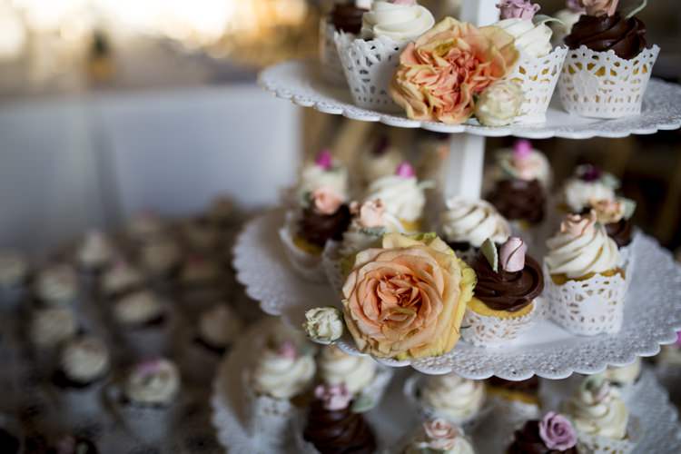 Cupcakes Peach Pink Rose Toppers Flowers Lace Wrappers Country Farm Barn Wedding Ohio http://www.caseyclarkphotography.net/ 