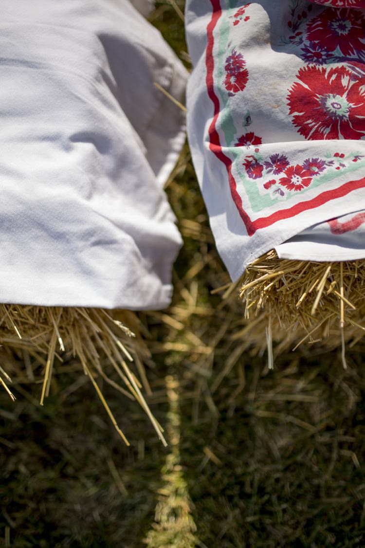 Outdoor Ceremony Hay Bale Seating Colourful Blankets Country Farm Barn Wedding Ohio http://www.caseyclarkphotography.net/ 
