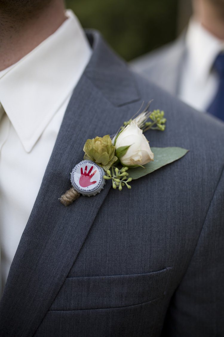 Grey Suit Groom Buttonhole White Rose Greenery Bottle Cap Country Farm Barn Wedding Ohio http://www.caseyclarkphotography.net/