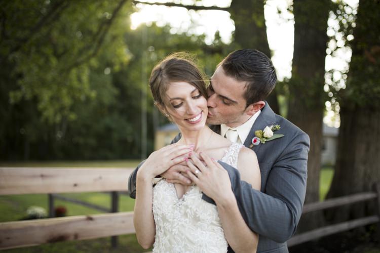 Outdoors Trees Fence Groom Bride Beaded Lace V-Neck Bridal Gown Country Farm Barn Wedding Ohio http://www.caseyclarkphotography.net/ 