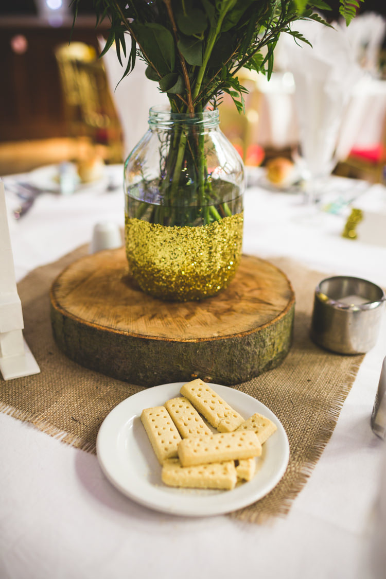 Glitter Jar Flowers Hessian Log Decor DIY Pink Gold Quirky Wedding http://photography34.co.uk/