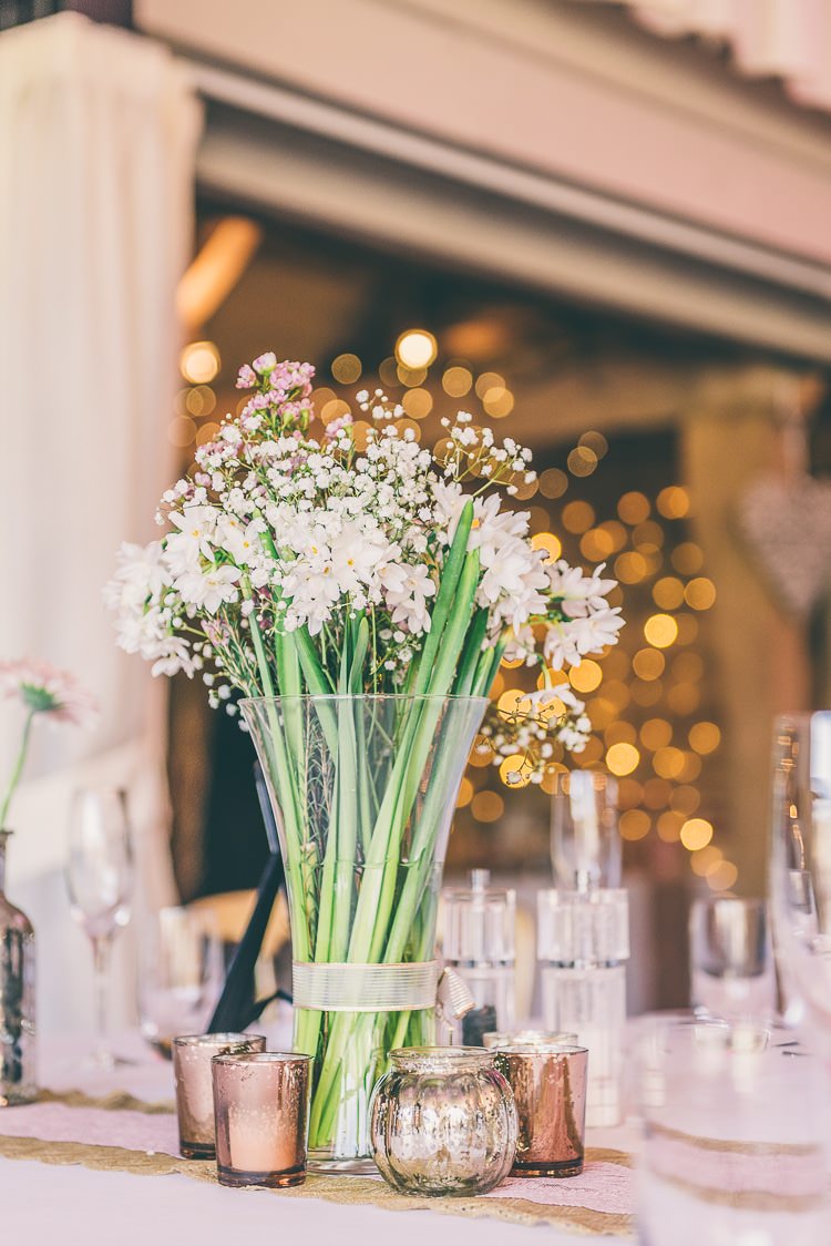 Daffodils Vase Candles Blush Pink Rose Gold Barn Wedding http://www.robtarren.co.uk/