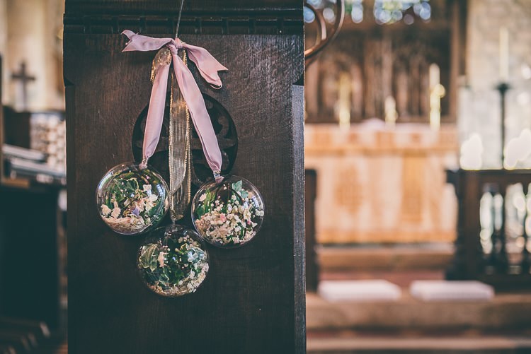 Pew End Baubles Flowers Blush Pink Rose Gold Barn Wedding http://www.robtarren.co.uk/