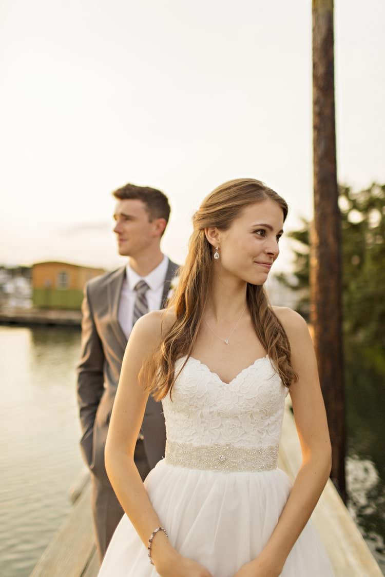 Bride Strapless Sweetheart Bridal Gown Embellished Sash Loose Curls Hairstyle Groom Grey Suit Grey Stripe Tie Elegant Classic Outdoor Wedding Washington http://www.courtneybowlden.com/