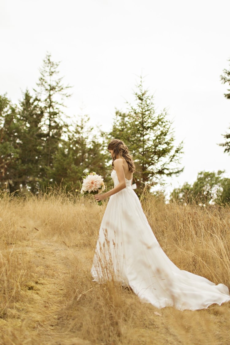 Bride Sweetheart Strapless Bridal Gown Sash Loose Curls Hairstyle Peach Pink Dahlia Bouquet Elegant Classic Outdoor Wedding Washington http://www.courtneybowlden.com/